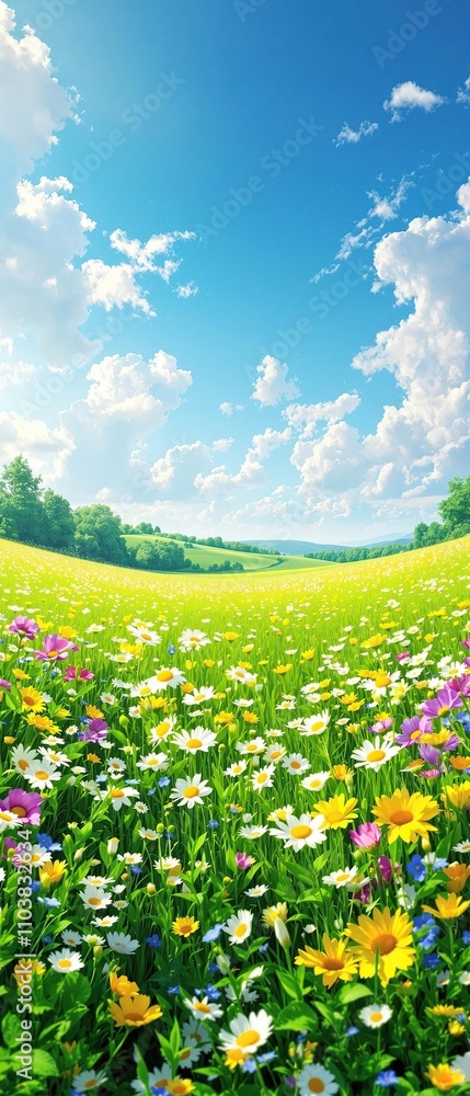 Fototapeta premium A vibrant green meadow with a variety of wildflowers swaying gently in the breeze, fresh cut grass, sunny day, seasonal blooms