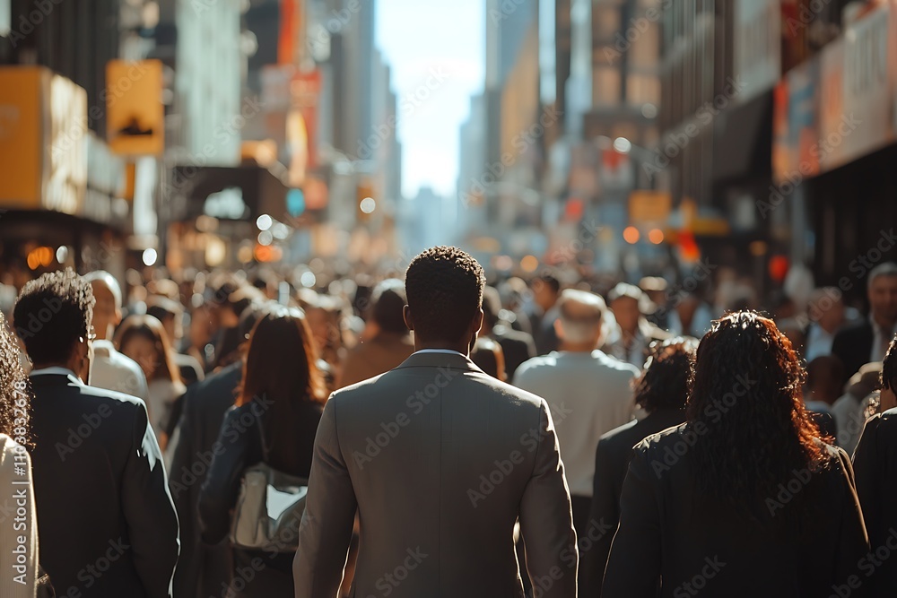 Diverse City Street Crowd Man in Grey Suit, Afternoon Light Diverse City Street Crowd Man in Grey Suit, Afternoon Light
