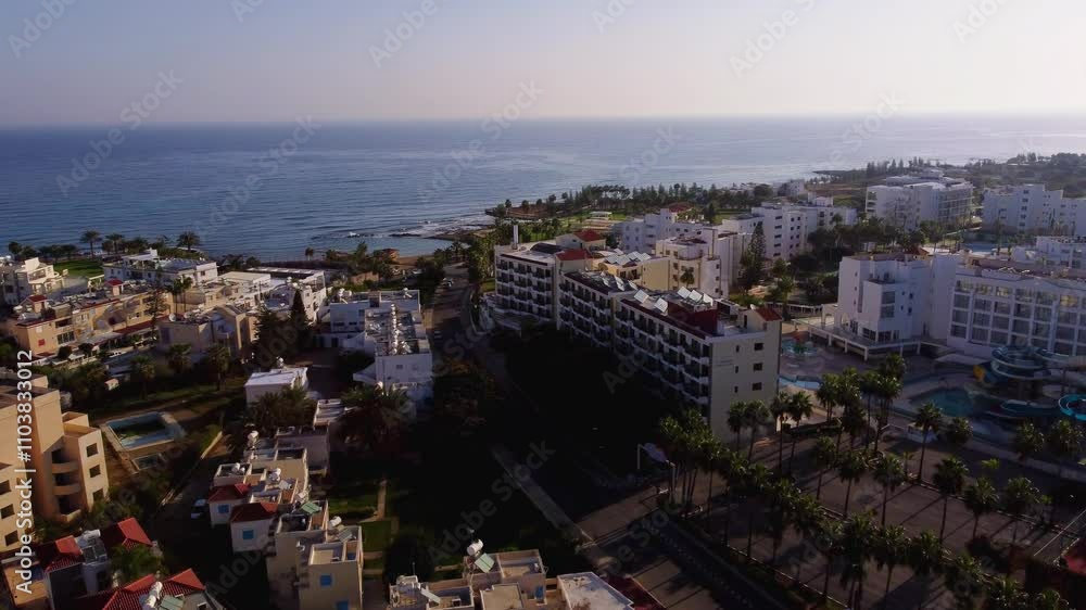 Aerial views over Cyprus town landscape and beaches on a sunny day Mediterranean Aerial views over Cyprus town landscape and beaches on a sunny day Mediterranean
