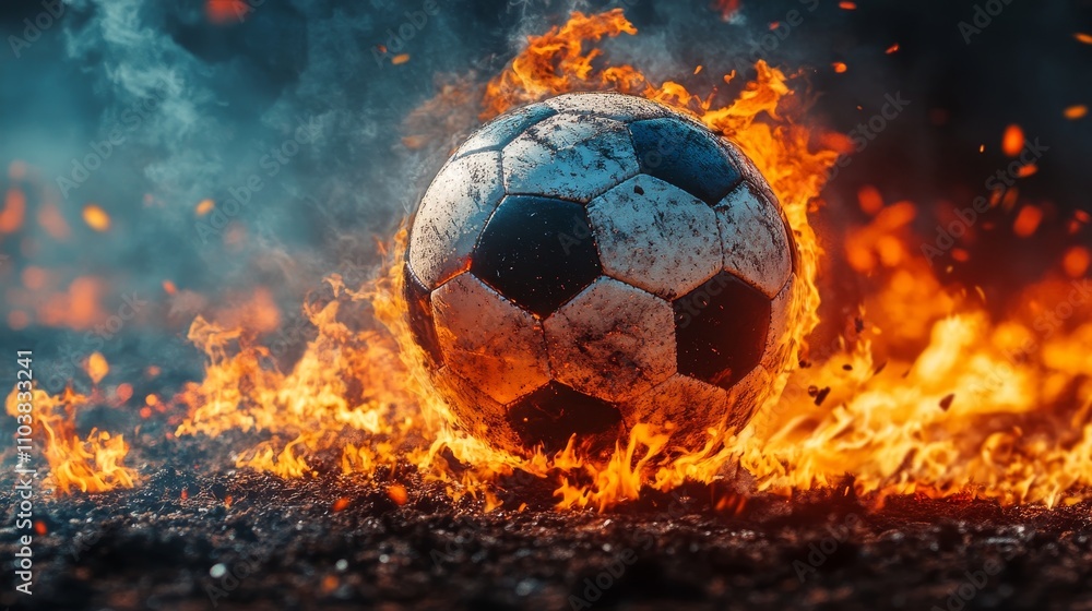 Fototapeta premium Fiery Soccer Ball: Passion and Competition - Burning football, intense competition, passion, victory, defeat. A dramatic image symbolizing the heat of the game.
