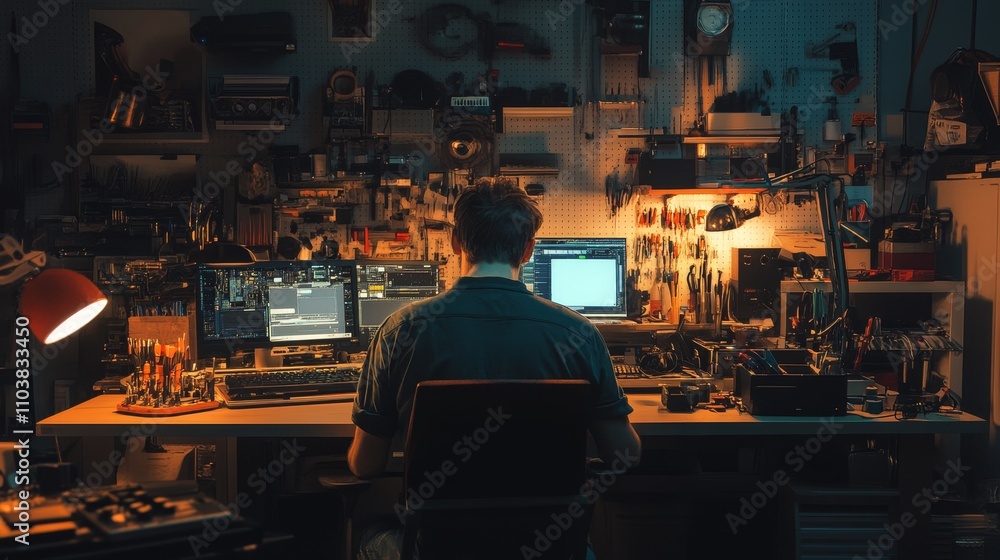 Focused Tech Repair Under Dim Lighting - A tech specialist meticulously works on a repair late at night in a cluttered home workshop. The image symbolizes focus, dedication, problem-solving, technolo Focused Tech Repair Under Dim Lighting - A tech specialist meticulously works on a repair late at night in a cluttered home workshop. The image symbolizes focus, dedication, problem-solving, technolo