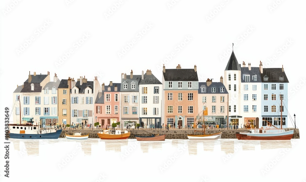Obraz premium Quaint waterfront town, colorful buildings, boats moored.