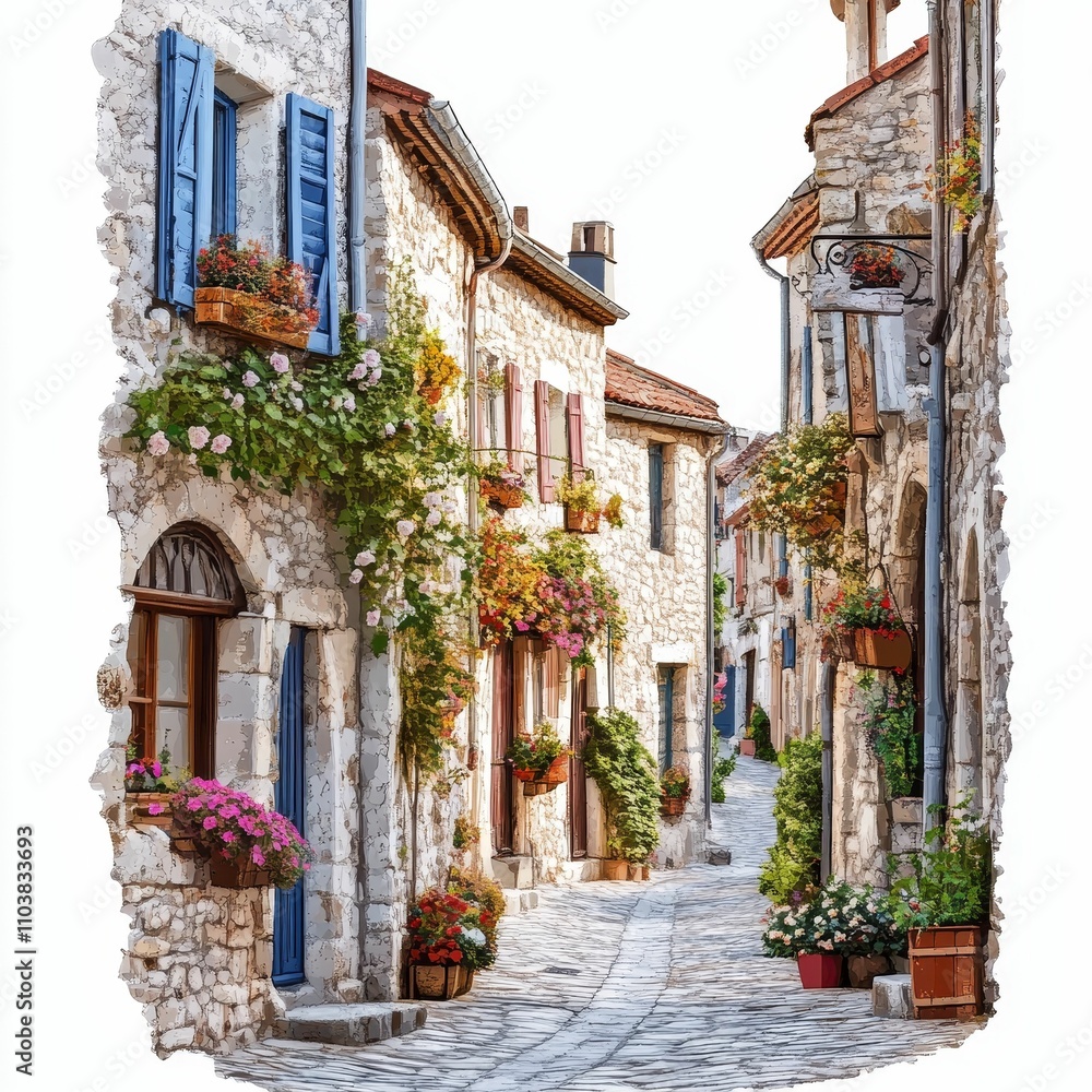 Flower-filled stone street, charming old buildings. Flower-filled stone street, charming old buildings.