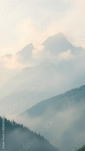 Watercolor background of a misty mountain range with rugged peaks and lush greenery, misty mountain range, rugged peaks, rugged terrain