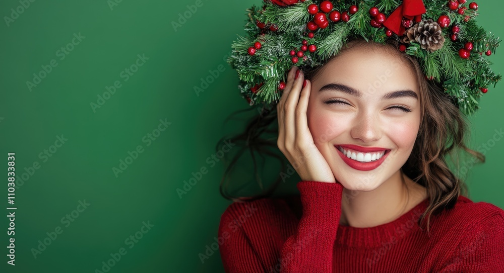 A woman wearing a red sweater and a wreath on her head is winking, with her hands on her face A woman wearing a red sweater and a wreath on her head is winking, with her hands on her face