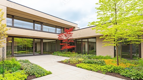 Modern house courtyard with landscaping.