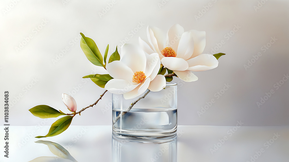 beautiful watercolor depiction of magnolia branch with white flowers and green leaves in glass vase, evoking sense of tranquility and elegance beautiful watercolor depiction of magnolia branch with white flowers and green leaves in glass vase, evoking sense of tranquility and elegance