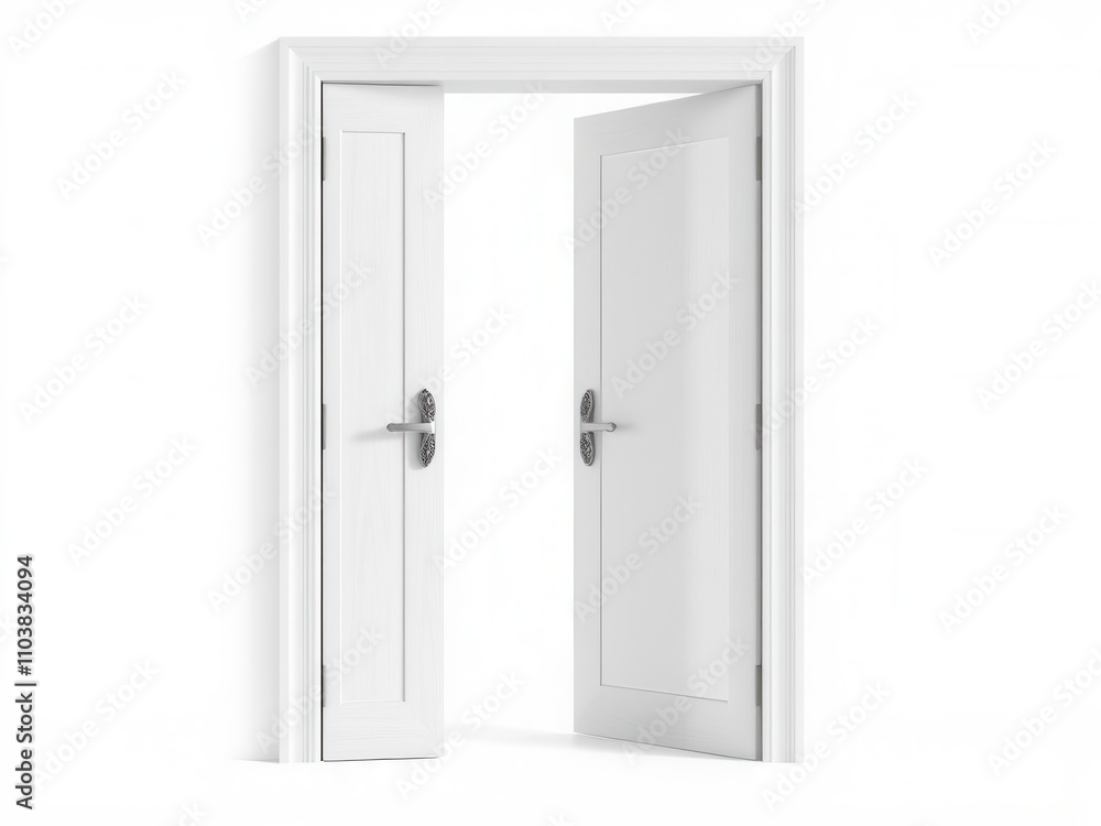 White wooden modern interior door with a soft close hinge system and ornate metal hardware in an open position isolated on a bright white background contemporary style ornate metal hardware White wooden modern interior door with a soft close hinge system and ornate metal hardware in an open position isolated on a bright white background contemporary style ornate metal hardware