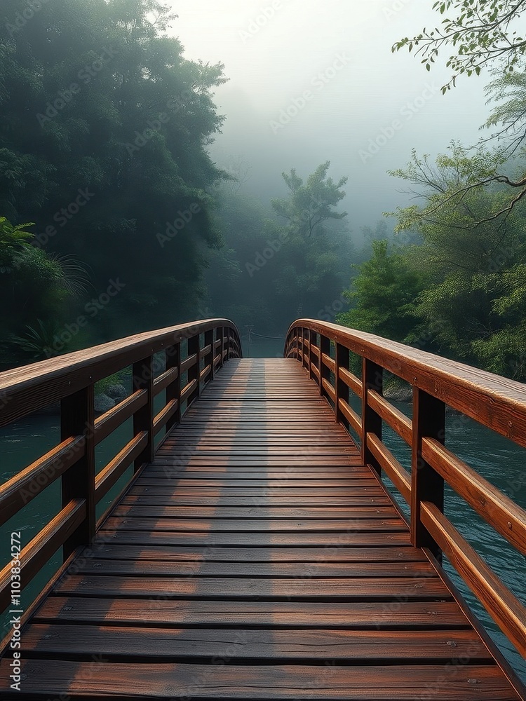 Wooden bridge over a river with dark wood railings, natural surroundings, rustic accents, outdoor decor Wooden bridge over a river with dark wood railings, natural surroundings, rustic accents, outdoor decor