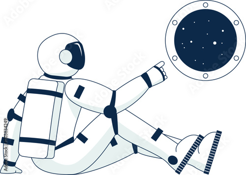 A man in a spacesuit is sitting in a chair with his hand pointing to a window