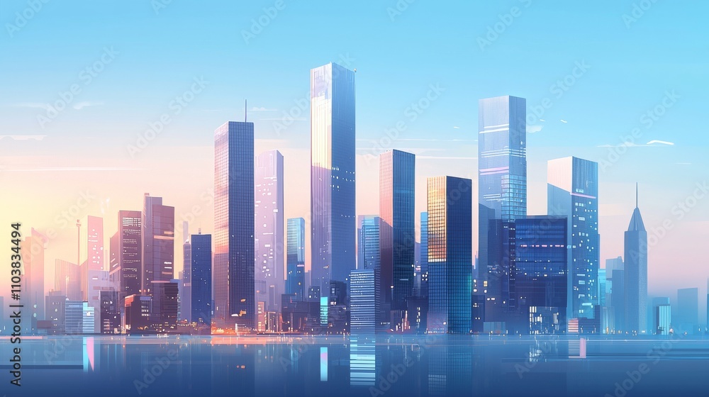 Fototapeta premium Minimalist modern city skyline, tall glass skyscrapers, soft blue sky, reflective surfaces, calm and clean aesthetic, soft lighting 