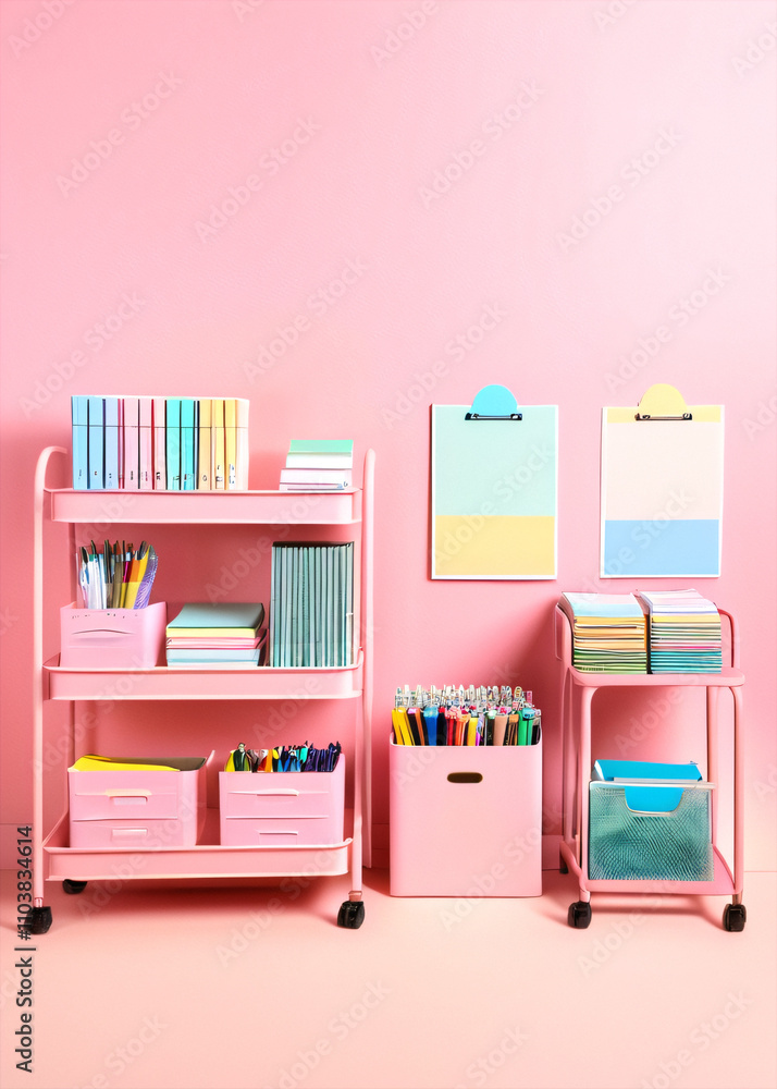 Walk into a prepared classroom with a visually appealing display of stationery and educational materials on a pastel pink background. Walk into a prepared classroom with a visually appealing display of stationery and educational materials on a pastel pink background.