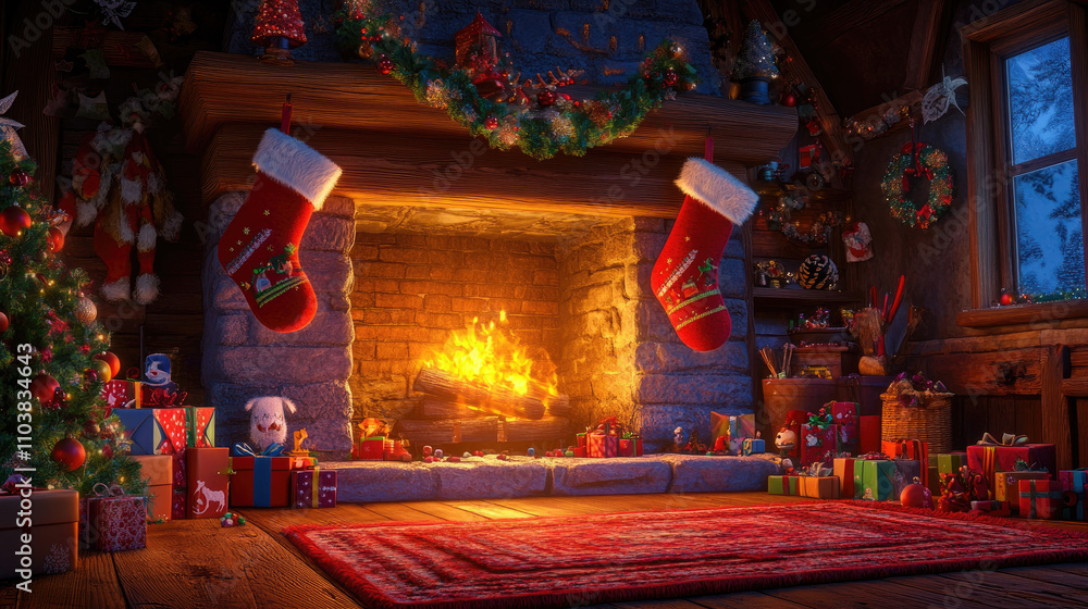 Christmas background featuring a glowing fireplace, red stockings, and holiday decor in colorful hues Christmas background featuring a glowing fireplace, red stockings, and holiday decor in colorful hues