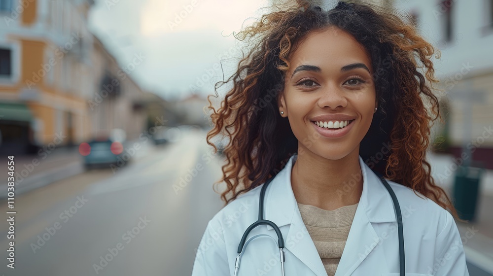 A healthcare professional with curly hair smiles at the camera while standing on a busy city street. Wearing a white lab coat, they radiate positivity in a bright urban environment. Copy space A healthcare professional with curly hair smiles at the camera while standing on a busy city street. Wearing a white lab coat, they radiate positivity in a bright urban environment. Copy space