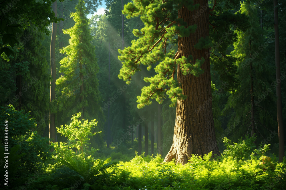 A large tree in the middle of a lush green forest A large tree in the middle of a lush green forest