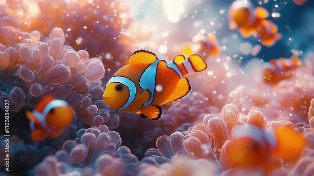 Vibrant orange clownfish swim among soft coral in a sunlit ocean scene. Vibrant orange clownfish swim among soft coral in a sunlit ocean scene.