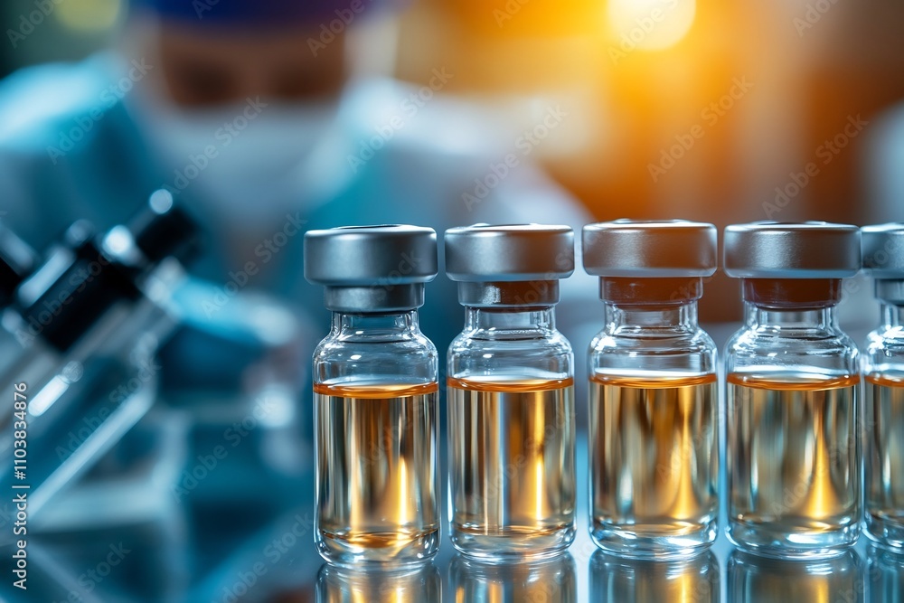 Neatly Arranged Medical Vials in a Modern Laboratory Setting with Blurred Scientist Neatly Arranged Medical Vials in a Modern Laboratory Setting with Blurred Scientist