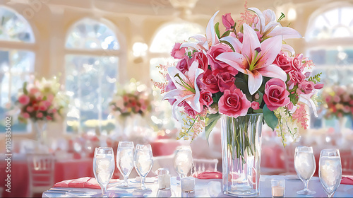 beautiful wedding centerpiece featuring pink lilies and roses in glass vase, surrounded by elegant table settings. soft lighting enhances romantic atmosphere