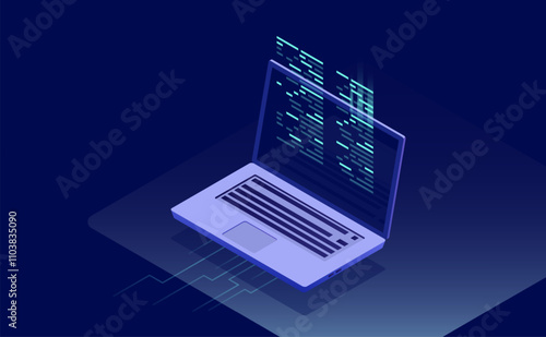 Software development and programming with program code on a laptop screen, featuring big data processing and computing in an isometric design