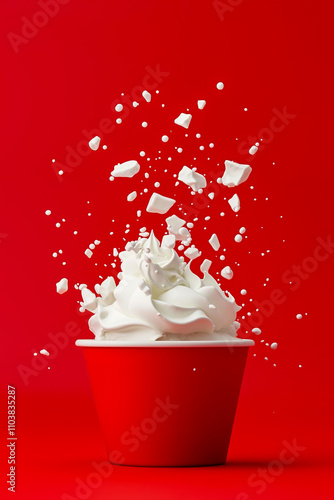 A red cup filled with whipped cream on a red background photo