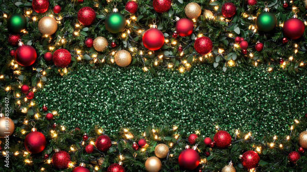 Fototapeta premium Christmas background with glittering garlands, red and green baubles, and glowing lights, creating a magical and colorful holiday atmosphere