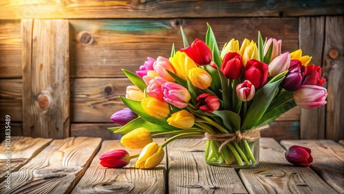 Stunning Bouquet of Vibrant Tulips on Rustic Wooden Table, Perfect for Celebrations and Special Occasions, Evoking Joy and Freshness in Any Setting