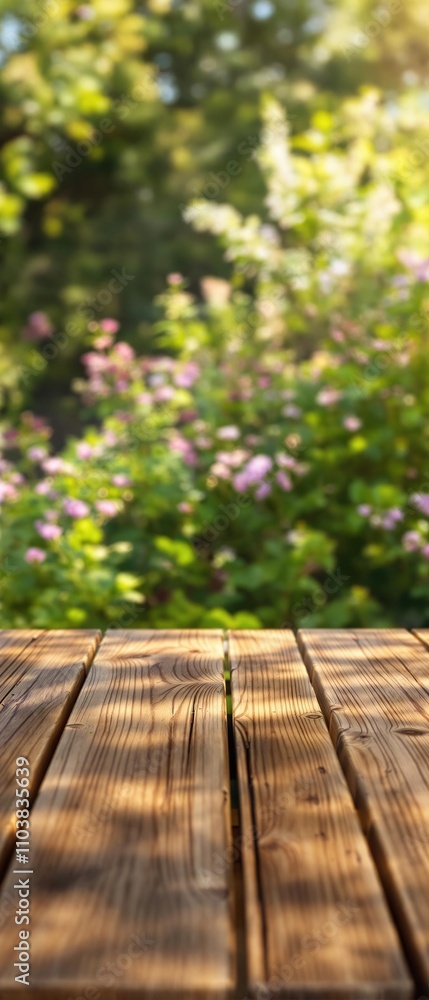 Basic wooden table with blurry plants in the garden, basic, blurry, plants, garden, natural Basic wooden table with blurry plants in the garden, basic, blurry, plants, garden, natural