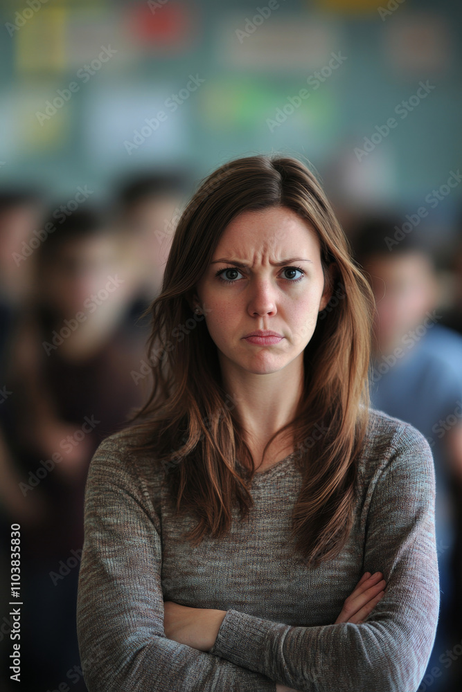 A Caucasian young teacher woman standing in front of an unruly classroom, arms crossed with a frustrated expression, while students are blurred in motion behind her A Caucasian young teacher woman standing in front of an unruly classroom, arms crossed with a frustrated expression, while students are blurred in motion behind her