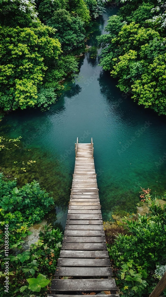Bird's eye view of a wooden bridge pier in a forest lake, bird's eye, overhead, greenery, wooden dock, aerial Bird's eye view of a wooden bridge pier in a forest lake, bird's eye, overhead, greenery, wooden dock, aerial