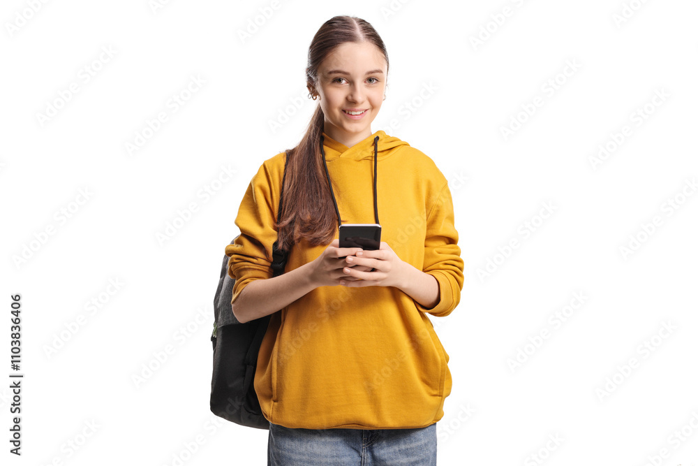 Female teenage student using a smartphone and smiling at camera Female teenage student using a smartphone and smiling at camera