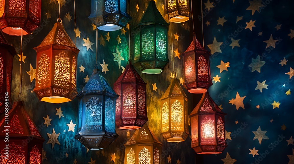 Naklejka premium Colorful lanterns hanging against a starry backdrop.