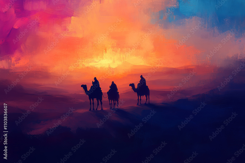 A serene digital painting of the three wise men on camels, silhouetted against the colorful desert sunset. The warm colors of the sky blend with the desert landscape, symbolizing their long journey A serene digital painting of the three wise men on camels, silhouetted against the colorful desert sunset. The warm colors of the sky blend with the desert landscape, symbolizing their long journey