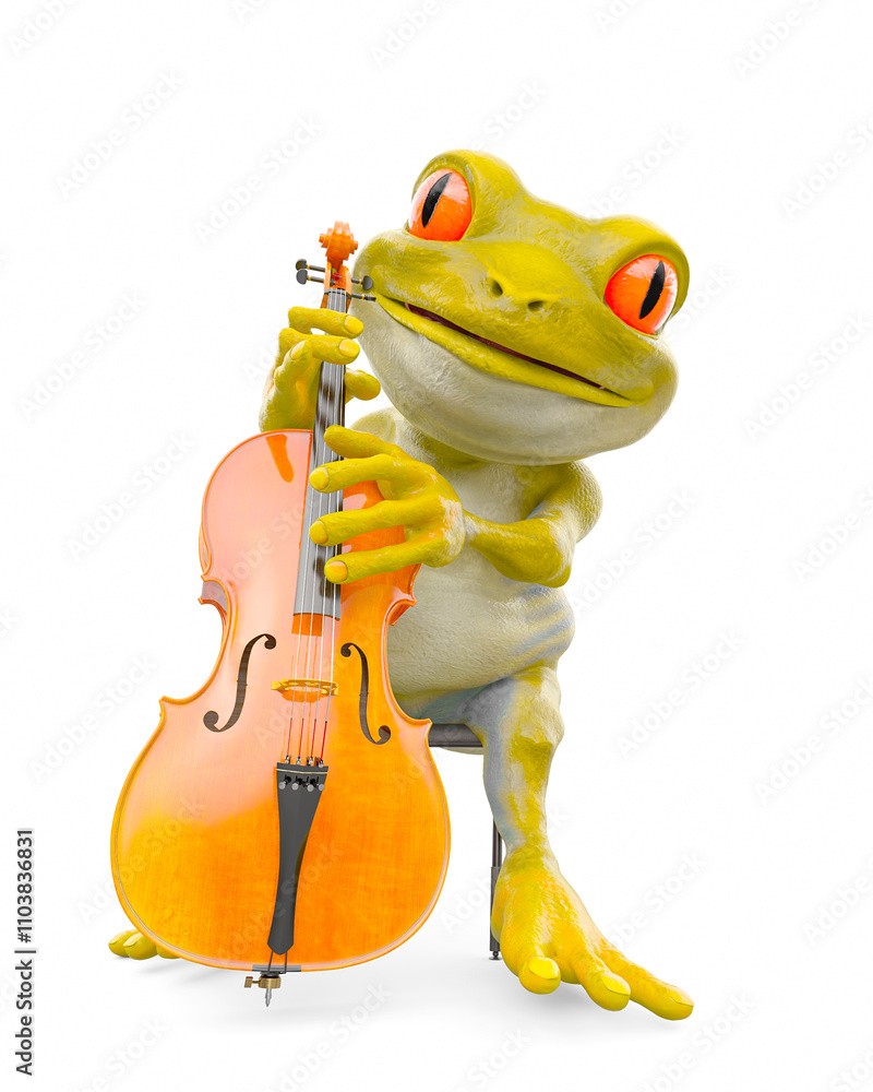 Naklejka premium little frog cartoon is playing cello