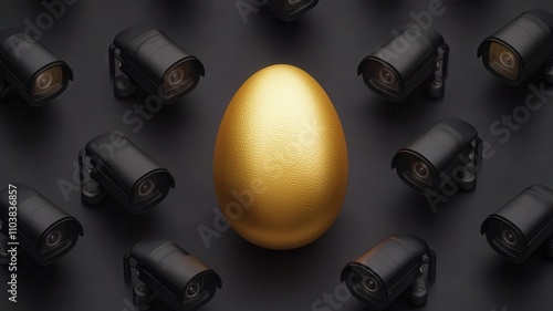 A golden egg centered among surveillance cameras on a dark background, symbolizing wealth, protection, privacy, and high-value assets. photo