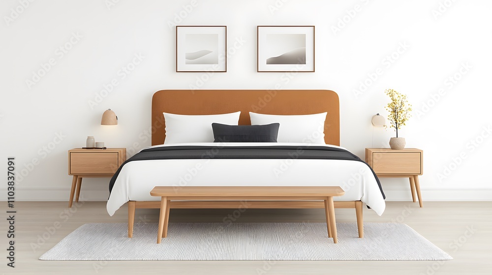 Modern cozy bedroom design featuring a warm-toned bed, a sleek wooden bench at the end, simple decorations, and soft lighting for a minimalist vibe Modern cozy bedroom design featuring a warm-toned bed, a sleek wooden bench at the end, simple decorations, and soft lighting for a minimalist vibe