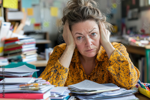 A frustrated middle-aged Caucasian school teacher woman sitting at her desk, holding her head with one hand while staring at a pile of ungraded papers. The classroom is cluttered with books and