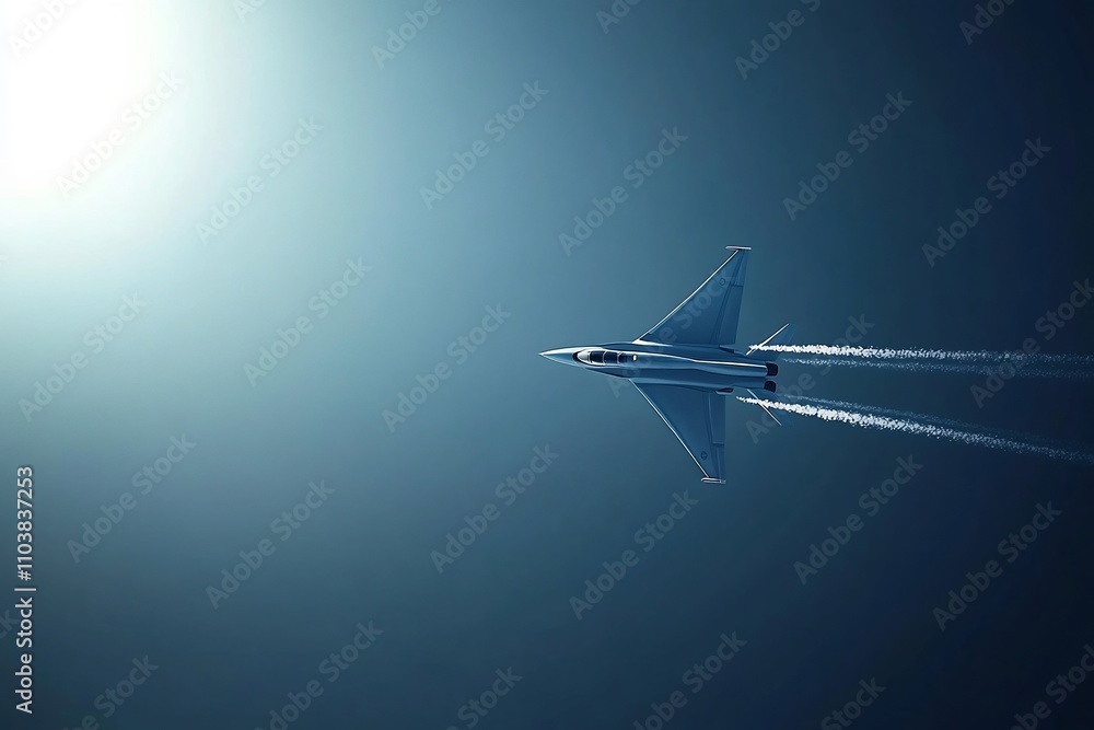 Naklejka premium Sleek Jet Fighter Soaring Through the Bright Blue Sky with Vapor Trail