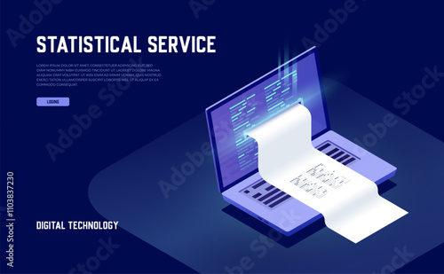 Electron bill, billing system, online payment, finance report concept, program code, laptop, neon dark isometric vector