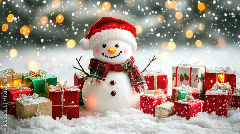 Christmas snowman with a cheerful scarf and hat, surrounded by colorful presents and glowing lights in a wintery setting Christmas snowman with a cheerful scarf and hat, surrounded by colorful presents and glowing lights in a wintery setting