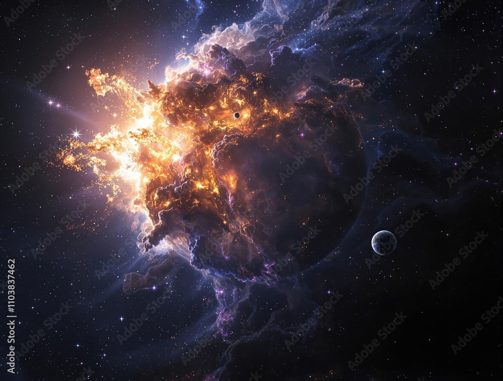 Obraz premium A stunning shot of a supernova exploding in the distance, casting an ethereal glow over a nearby planet, light, astronomy, explosion, galaxy