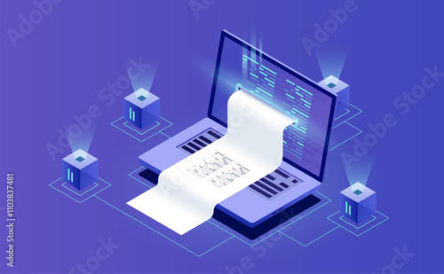 Electron bill, billing system, online payment, and financial report in neon-dark isometric vector style