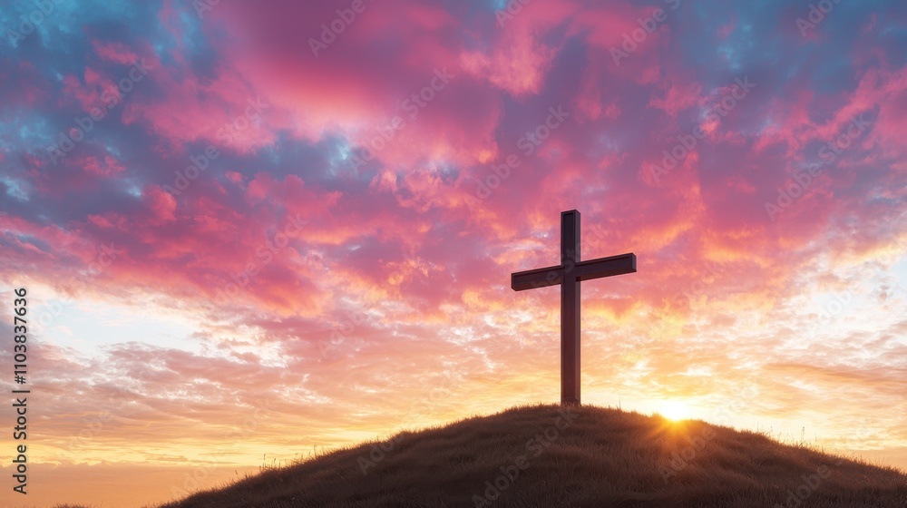 A silhouette of a cross on a hill against a vibrant sunset, with colorful clouds creating a serene and spiritual atmosphere. A silhouette of a cross on a hill against a vibrant sunset, with colorful clouds creating a serene and spiritual atmosphere.