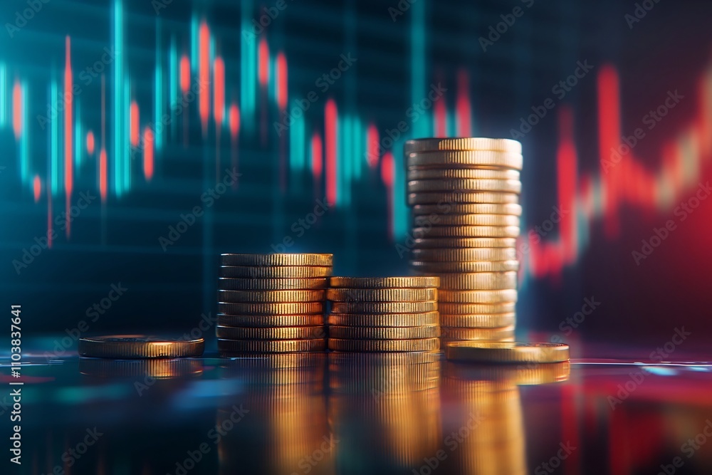Stacked Gold Bars and Coins with Blurred Market Chart Background Stacked Gold Bars and Coins with Blurred Market Chart Background