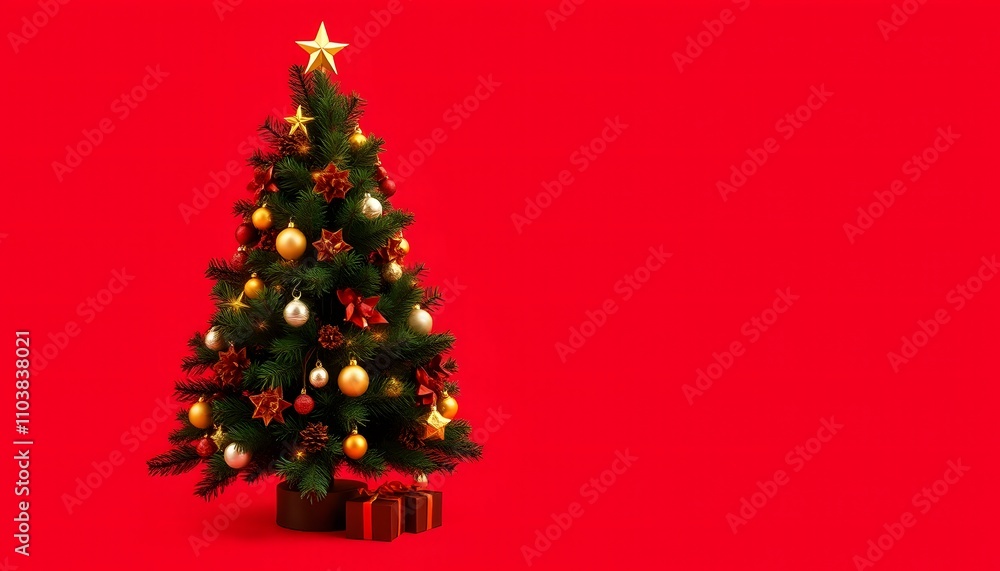 christmas tree with decoration with copy space in red background