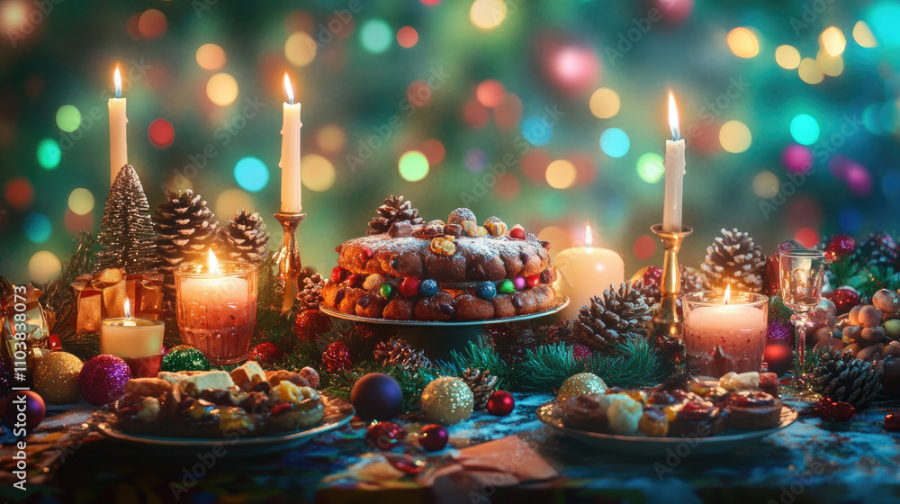 Christmas table decorated with candles, pinecones, and holiday treats, with a colorful festive background Christmas table decorated with candles, pinecones, and holiday treats, with a colorful festive background
