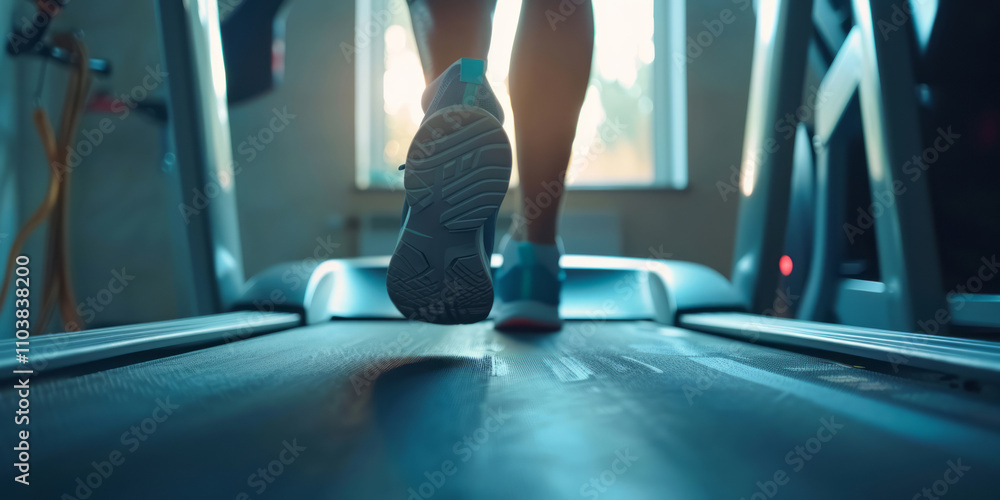 Feet are seen running on a treadmill in the morning light, symbolizing a commitment to fitness and a healthy lifestyle. Feet are seen running on a treadmill in the morning light, symbolizing a commitment to fitness and a healthy lifestyle.