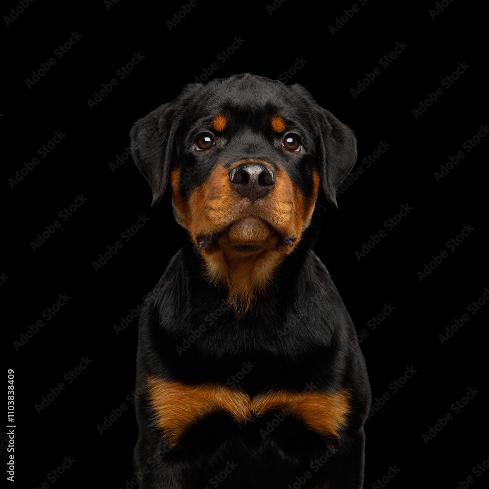 Closeup Portrait of Rottweiler puppy on Black Background in studio Closeup Portrait of Rottweiler puppy on Black Background in studio