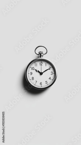 Classic pocket watch displaying time against a simple, uncluttered background, creating a timeless and elegant composition photo