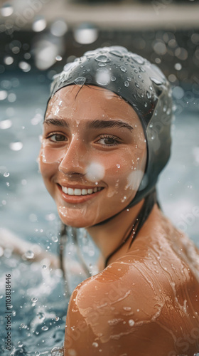 An individual, wearing swimming gear and a cap, smiles at the camera while doing a freestyle swim with friends on a summer vacation. photo