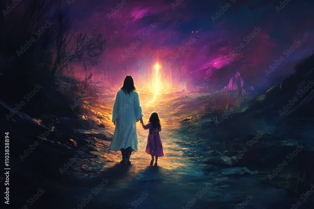 A digital painting of Jesus and a young girl walking towards a glowing light in the distance. The rear view captures their peaceful bond, with the light subtly illuminating the path they walk, A digital painting of Jesus and a young girl walking towards a glowing light in the distance. The rear view captures their peaceful bond, with the light subtly illuminating the path they walk,